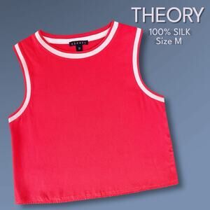 Theory Bonda Silk Tank Top Red White Trim Sleeveless Knit Collar Quiet Luxury M